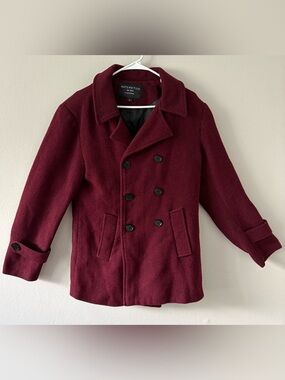 Matchstick Men Wool Blend Double Breasted Pea Coat Jacket Burgundy Size S